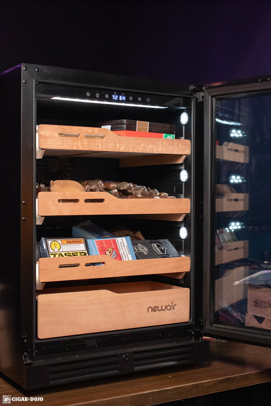 Newair NCH1K5BK00 1500 count humidor door open filled with cigars