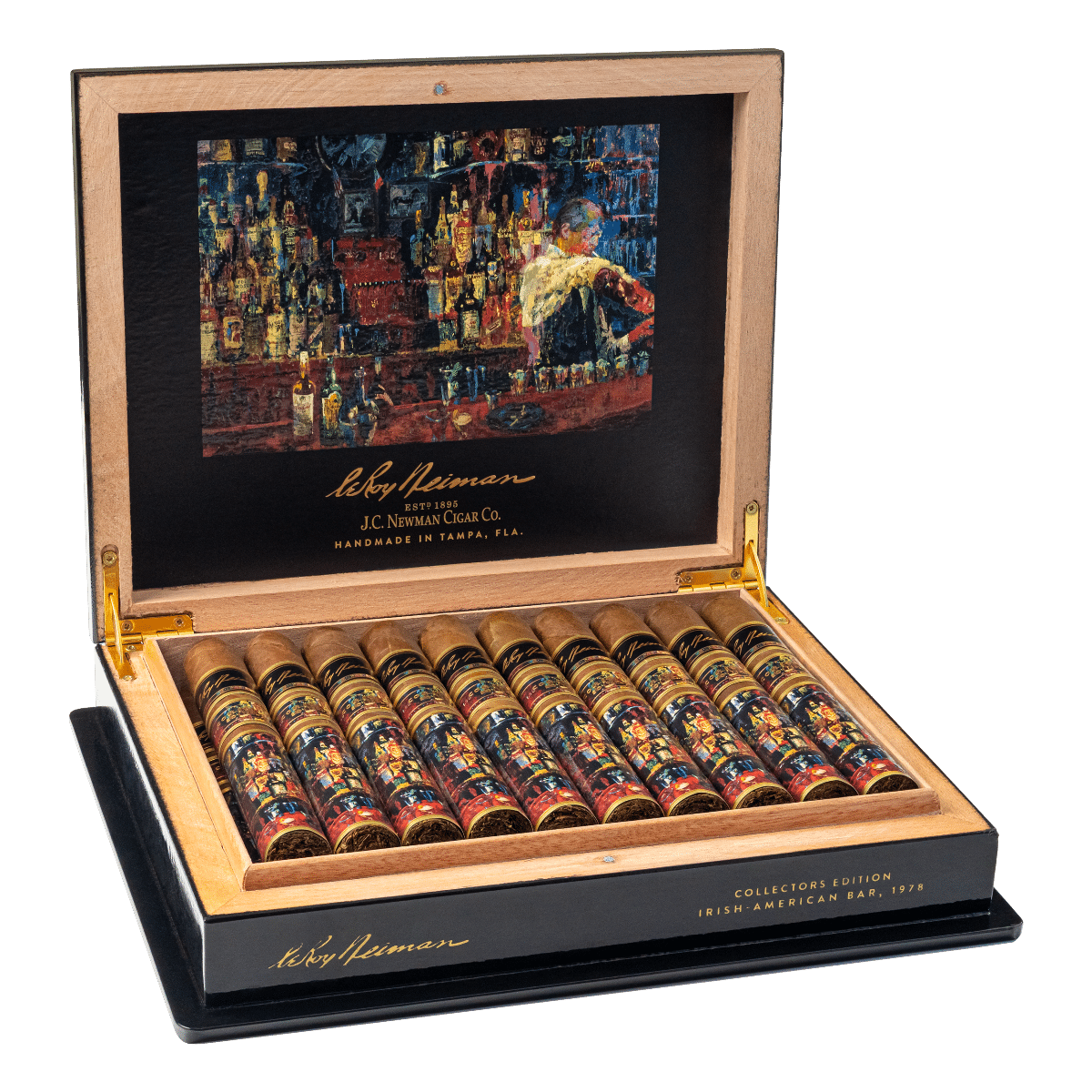 J.C. Newman LeRoy Neiman 2023 Collector’s Edition cigar box open filled