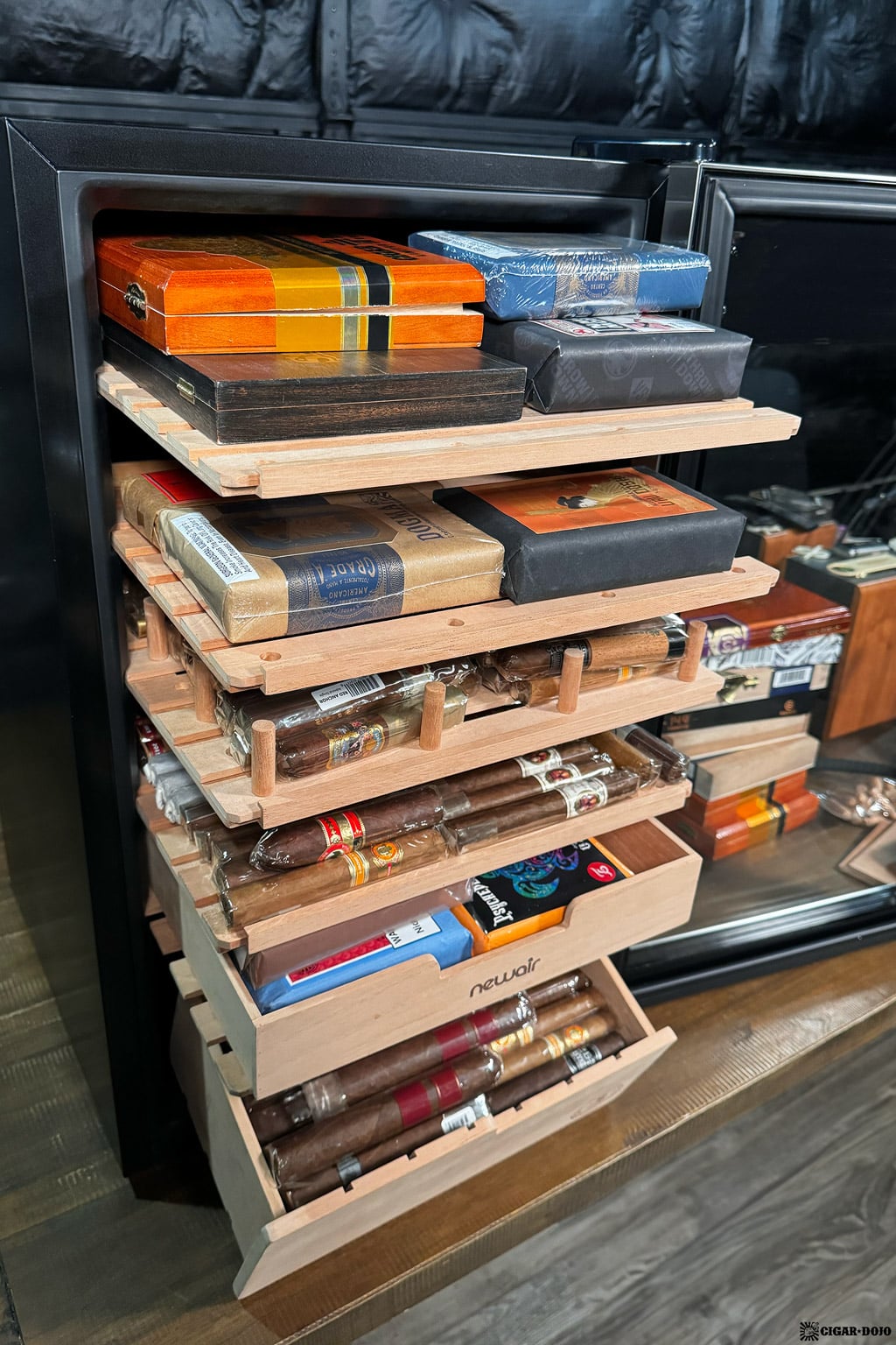 NewAir x Boveda NCH500SSB0 humidor fully stocked open door