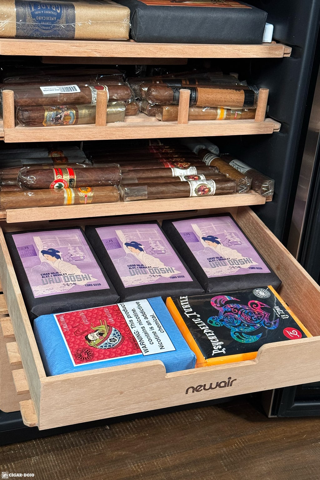 NewAir x Boveda NCH500SSB0 humidor upper drawer stocked with cigar bundles