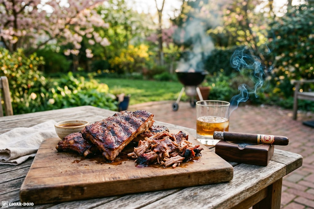 Backyard barbecue table with sliced ribs, pulled pork, a lit cigar, and a drink for Cigarbecue season.