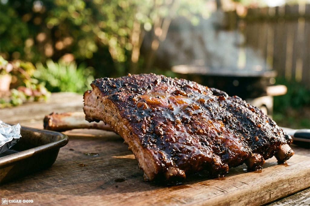 Close-up of smoked rib bark and tacky glaze showing blackened seasoning, rendered fat, and barbecue texture.