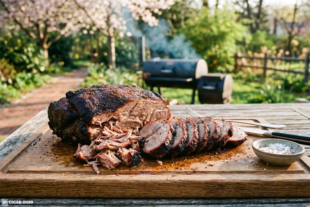 Finished smoked pork shoulder with pulled pork, dark bark, and sliced money muscle medallions on a cutting board.