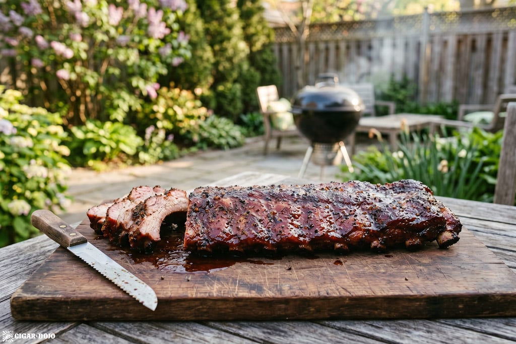 Smoked St. Louis spare ribs with dark bark and glossy glaze resting on a cutting board.
