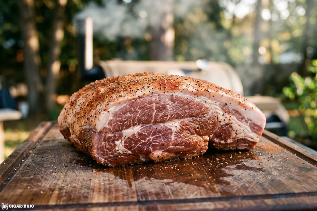 Trimmed pork shoulder on a cutting board with the money muscle exposed before dry brining and smoking.