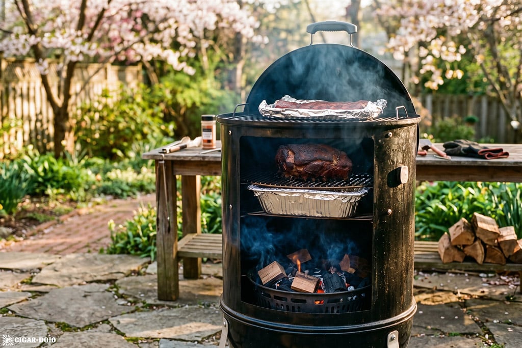 Weber Smokey Mountain smoker setup with charcoal, wood, and a dry foil-wrapped water pan for bark-focused barbecue.