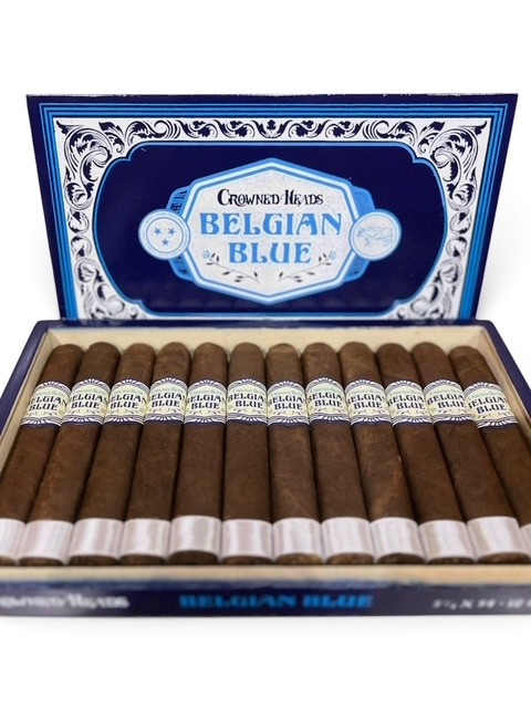 Open 12-count box of Crowned Heads Belgian Blue LE 2026 cigars