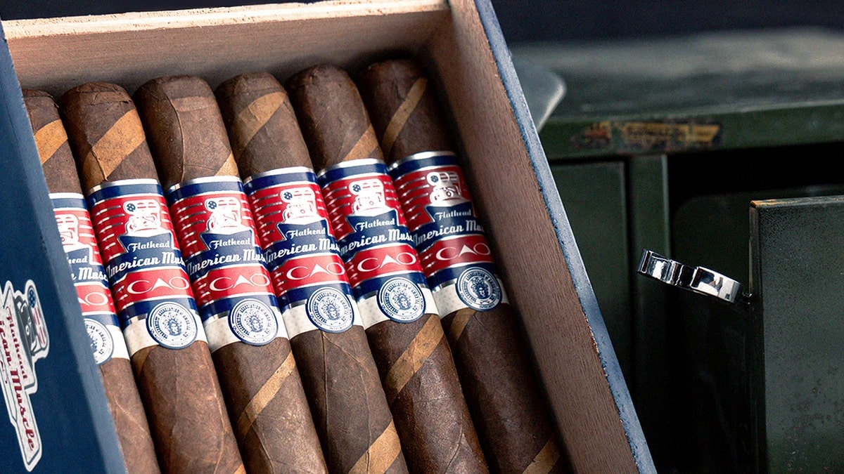 CAO Flathead American Muscle cigars in an open box showing the Flathead American Muscle CAO bands
