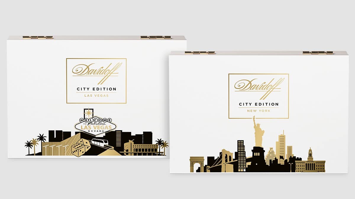 Davidoff City Edition Las Vegas and New York cigar boxes with city skylines