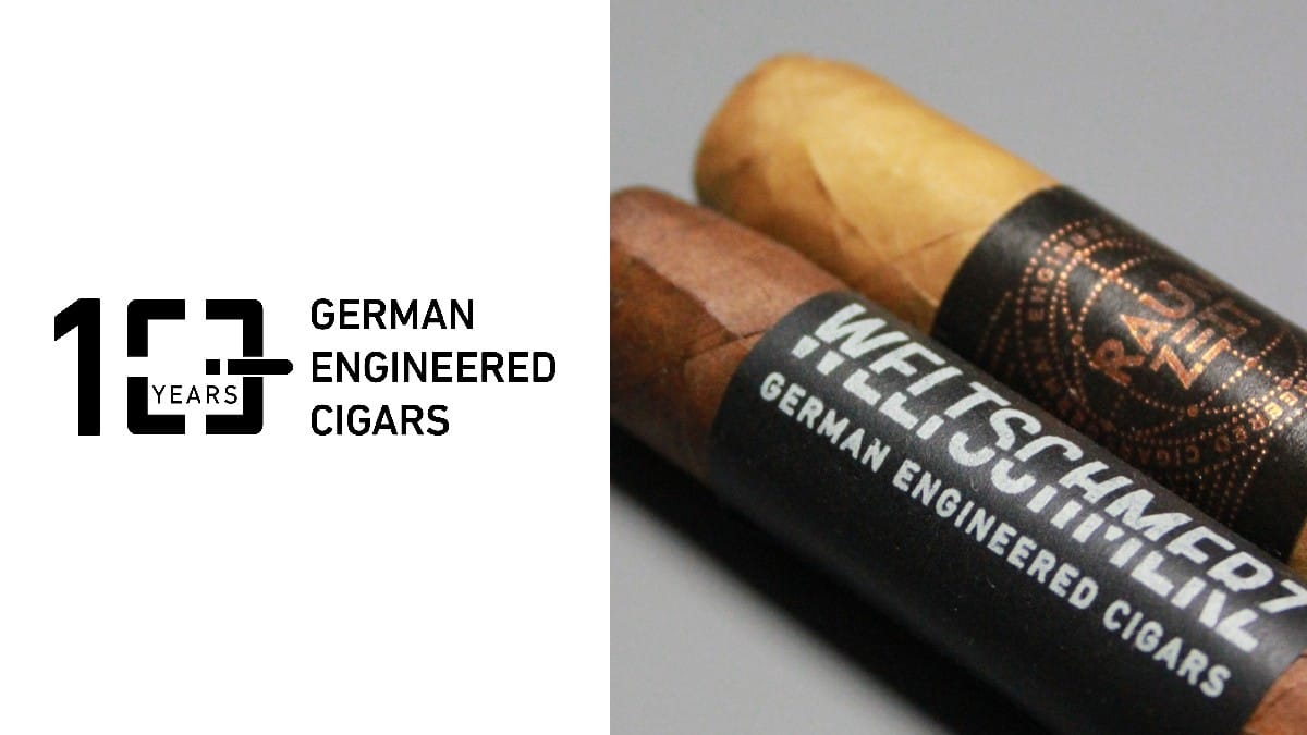 German Engineered Cigars Raumzeit and Weltschmerz cigars with NFC bands next to the German Engineered Cigars logo
