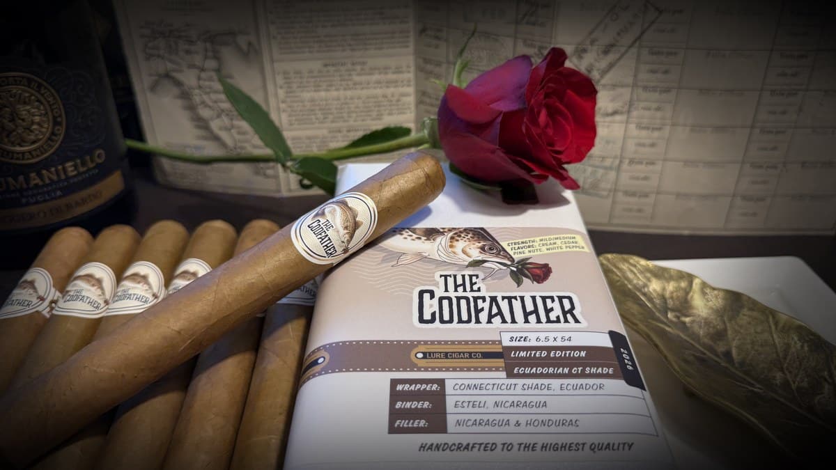 Lure Cigars The Codfather Connecticut Shade cigars with pack and red rose