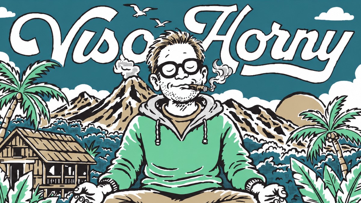 Viso Horny Post Nut Clarity cigar artwork featuring Tyler Jeffery smoking a cigar